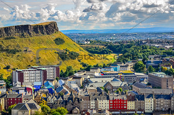 Edinburgh citiscape view with houses and Salisbury crags, Scotla