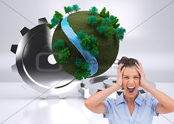 Composite image of businessswoman with hand on her head