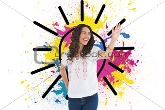 Composite image of cheerful brunette smiling while greeting