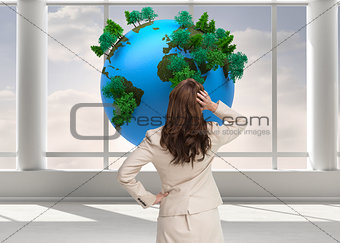 Composite image of businesswoman standing with hand on head