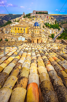 Vertical view of roofs and beautiful village Ragusa in Sicily