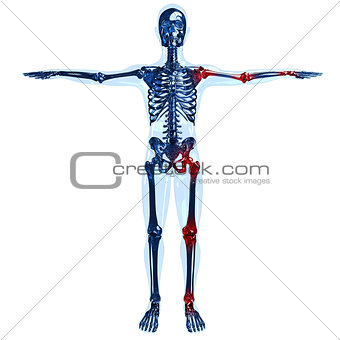 Full human glass skeleton 3D concept with joint pain on left sid