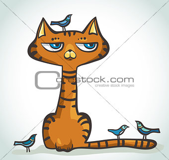 Cartoon cat and birds.