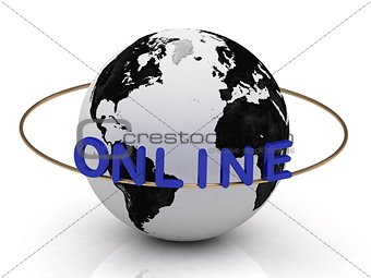 Online and gold ring, abstraction of the inscription around the earth