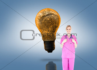 Composite image of confident young female surgeon holding a stet