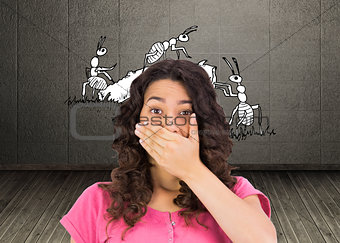 Composite image of brown haired woman being shocked