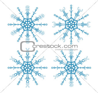 set of snowflakes with symbols of money: dollar, euro and yen (yuan)