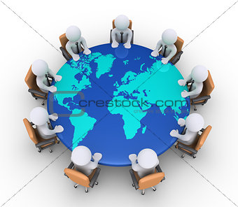 Businessmen sitting on chairs and table with world map