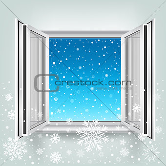 open window and falling snow