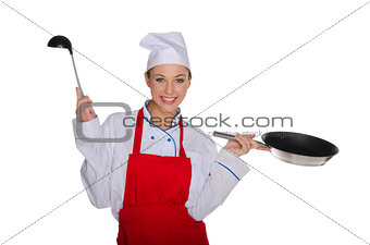 Smiling chef with ladle and pan