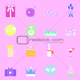 Colorful party icons on pink background