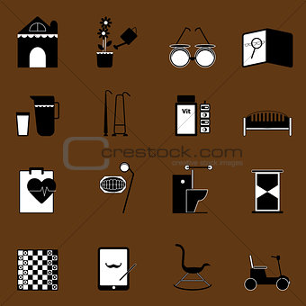 Elderly related icons on brown background