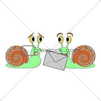 Two funny cartoon snails with a letter