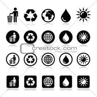 Man and bin, recycling, globe, eco power icons set