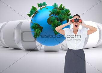 Composite image of shocked elegant businesswoman looking through binoculars