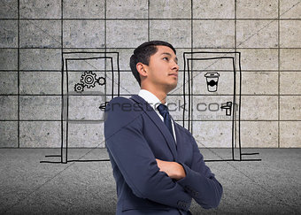 Composite image of unsmiling asian businessman with arms crossed
