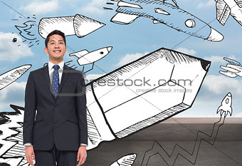 Composite image of happy businessman looking up