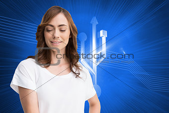Composite image of attractive brunette presenting her hand