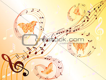 Musical notes on stave and flying butterflies