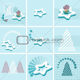blue background with snowflakes and Christmas trees