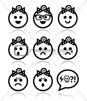 Baby girl faces, avatar vector icons set