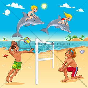 Funny summer scene with dolphins and beachvolley