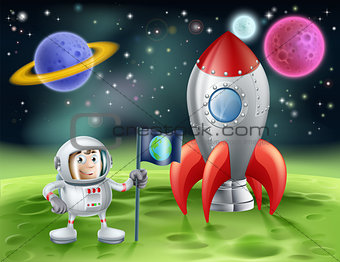 Cartoon astronaut and vintage rocket