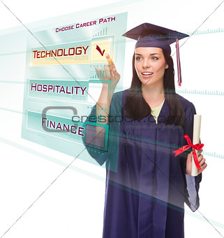 Young Female Graduate Choosing Technology Button on Translucent 