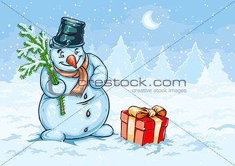 Christmas snowman and red gift box with bow