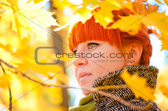 portrait of a girl on a background of maple leaves