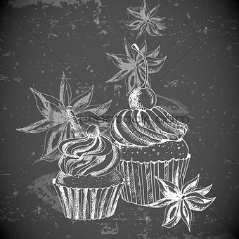 Vintage background with Cupcake and cinnamon