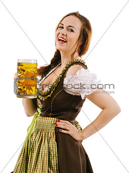 Happy woman drinking beer during Oktoberfest