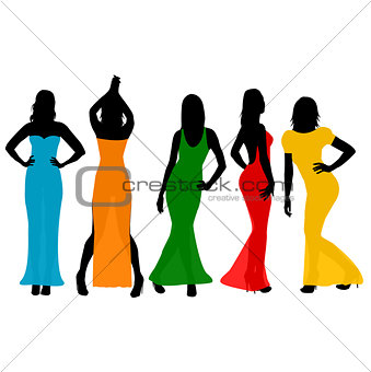Women wearing colorful long dresses 