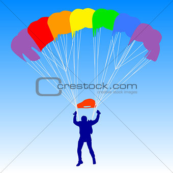 Skydiver, silhouettes a rainbow parachuting vector illustration