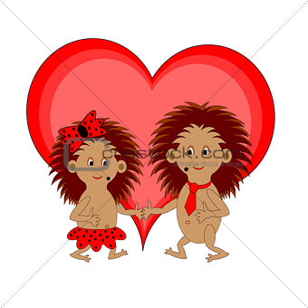 A couple of funny cartoon hedgehogs with a red heart