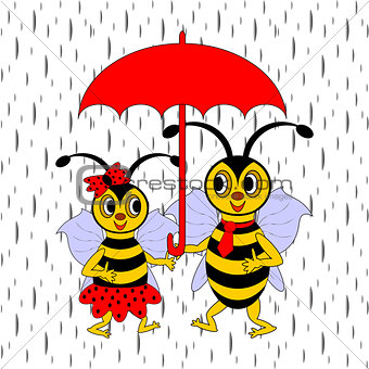 A couple of funny cartoon bees under red umbrella in the rain