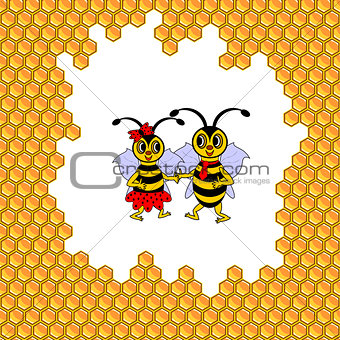 A couple of two funny cartoon bees surrounded by honeycombs