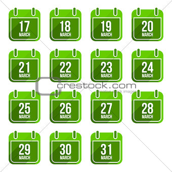 March vector flat calendar icons with long shadow. Calendar Days Of Year Set 12