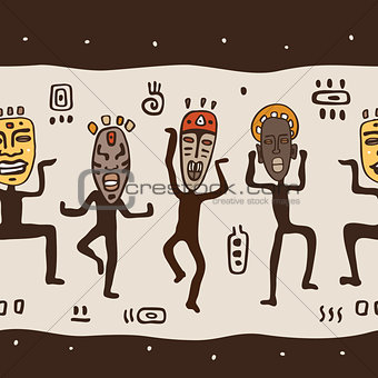 Dancing figures wearing African masks.