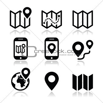 Map travel icons set