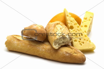baguette and cheese on white background