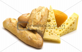 baguette and cheese on white background