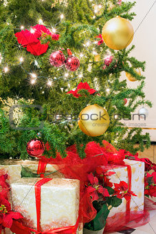 Christmas Tree with Decorations and Wrapped Gifts