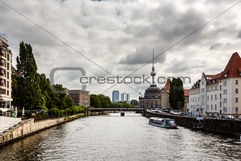View on River Spree Embankment and Berlin TV Tower, Germany