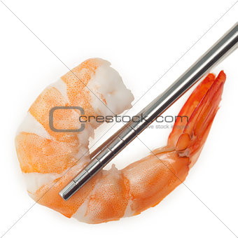 Shrimp with chopsticks isolated