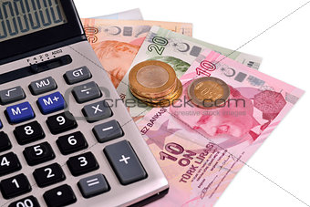 Turkish money and calculating machine on white background