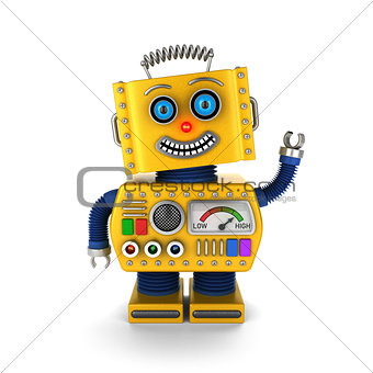 Happy vintage toy robot waving hello