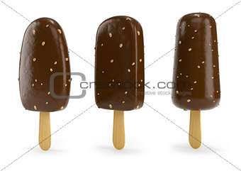 Chocolate ice-cream with nut on stick 3d illustration