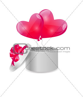 Valentines Day Card with Gift Box and Heart Shaped Balloons, Vec