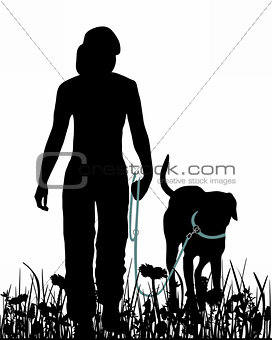Walking with dog in the meadow